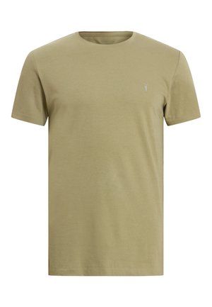 Olivgrön bomulls t-shirt med rund halsringning, korta ärmar och en liten broderad logotyp på vänster bröst. Slät textur, normal passform.