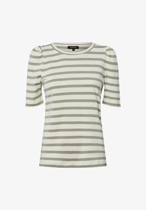 Top a maniche corte a righe in verde chiaro e crema. Presenta una texture a coste, scollatura rotonda e spalle a sbuffo. Vestibilità casual.