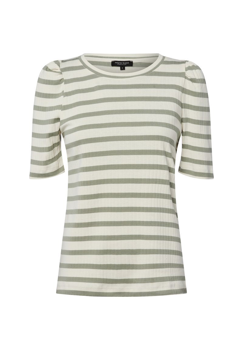 Paskowany top z krótkim rękawem w jasnym zielonym i kremowym kolorze. Posiada fakturę ribbed, okrągły dekolt oraz bufiaste rękawy. Luźny krój.