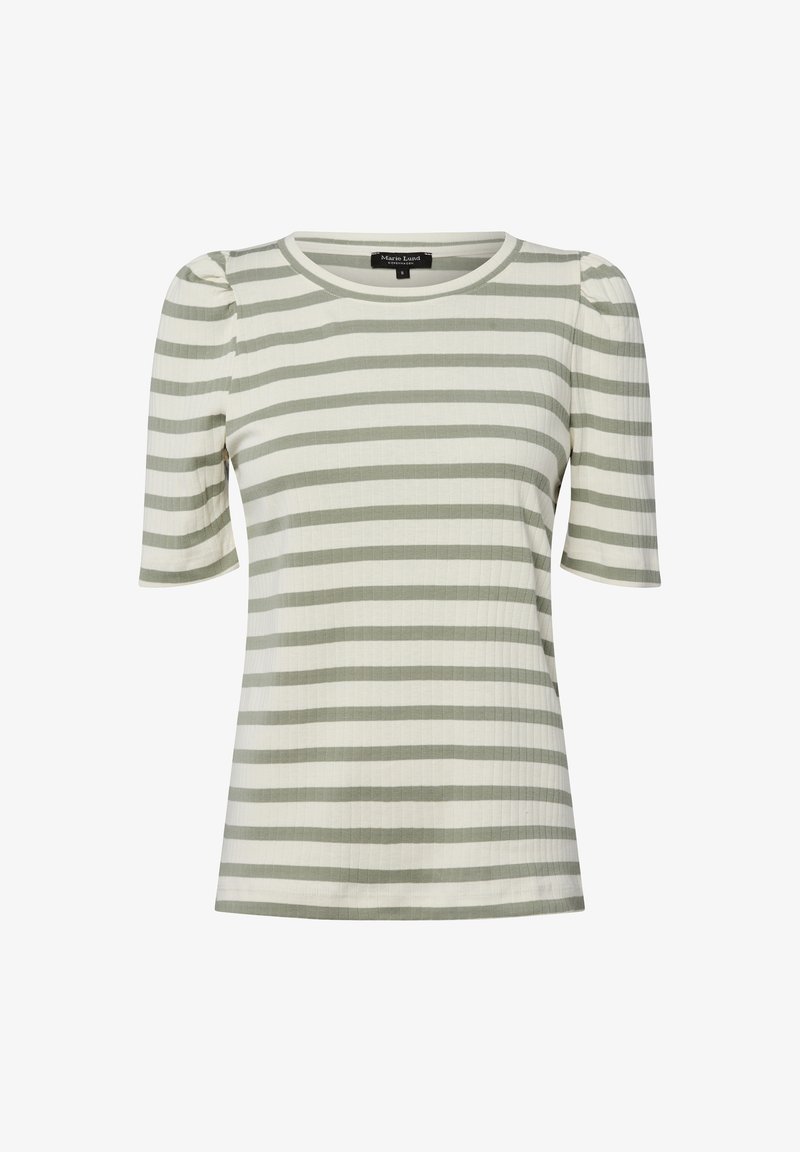 Paskowany top z krótkim rękawem w jasnym zielonym i kremowym kolorze. Posiada fakturę ribbed, okrągły dekolt oraz bufiaste rękawy. Luźny krój.