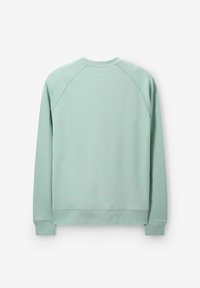 Sweatshirt vert menthe avec un col rond, des manches raglan longues, et des poignets et un ourlet côtelés, offrant une texture lisse et douce.