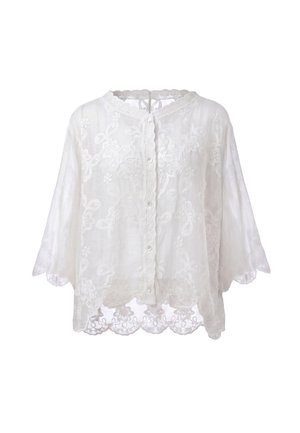 Witte doorschijnende blouse met bloemrijke borduursels, knopen aan de voorkant, een geschulpte zoom en driekwart klokmouwen.