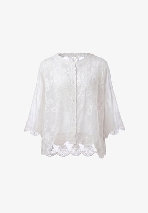 Witte doorschijnende blouse met bloemrijke borduursels, knopen aan de voorkant, een geschulpte zoom en driekwart klokmouwen.