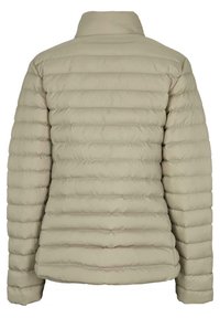 Beige, puffer jacket with a quilted design, featuring a high collar and long sleeves. Smooth texture with horizontal stitching throughout.