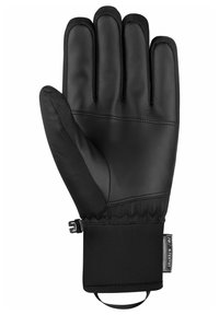 Guante negro con palma de cuero y parte trasera de tela, con puño y correa ajustable. Impermeable y aislante para mayor calidez.