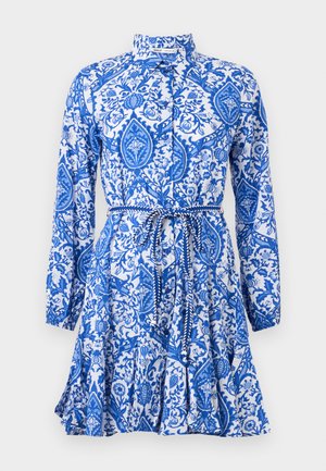 Rochie cu model albastru și alb, cu mâneci lungi, guler, închidere cu nasturi și cordon la talie. Prezintă un design floral și paisley.