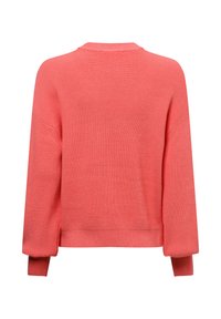 Korallenfarbener Strickpullover mit ribbeliger Textur, überschnittenen Schultern und langen Ärmeln. Verfügt über einen runden Halsausschnitt und seitliche Ausschnitte am Saum.