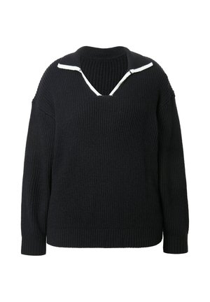 Zwarte geribbelde gebreide trui met lange mouwen en een V-hals kraag met witte rand.