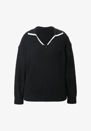 Zwarte geribbelde gebreide trui met lange mouwen en een V-hals kraag met witte rand.