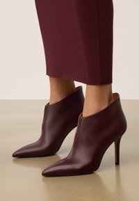 Botas de tobillo de cuero burdeos con punta afilada, cremallera lateral y tacón delgado. Textura suave y diseño contemporáneo.