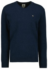 Navyblauwe v-hals trui van breiwerk. Lange mouwen en ribgebreide manchetten, met een klein logo op de borst. Zachte textuur.