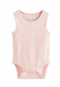 Svetloružové detské body bez rukávov s motívom kvetinovej víly. Vyrobené z mäkkej bavlny, má zapínanie na cvoky v spodnej časti.