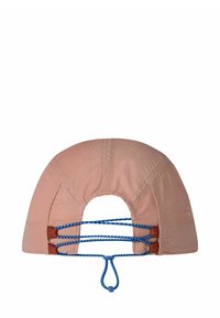 Gorra de color rosa claro con la parte trasera abierta, correas azules ajustables, detalles en marrón y costuras. Textura de tela suave.