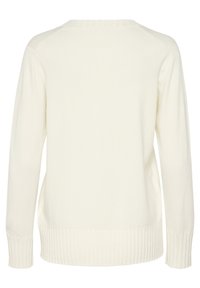 Elfenbeinfarbener Strickpullover mit langen Ärmeln, geripptem Halsausschnitt und Saum sowie glatter Textur. Minimalistisches Design und einfache Linienführung.