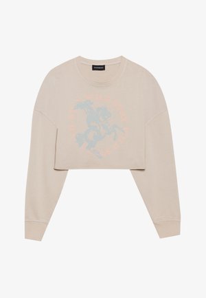 Beige verkürzter Sweatshirt mit langen Ärmeln, der ein hellblaues Grafikmotiv eines Pferdereiters und kreisförmigen Text darum zeigt. Weicher Stoff, lässige Passform.