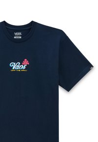 Granatowa koszulka bawełniana z wielokolorowym logo "Vans Off the Wall" na środku, klasyczny okrągły dekolt oraz krótkie rękawy.