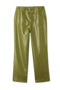 Olijfgroene faux leren broek met een glanzende afwerking, met een medium hoge taille, twee achterzakken en een rechte pijp.