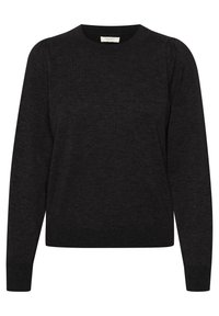 Sort langærmet sweater med rund hals, lavet af et tekstureret strikket stof, med ribbede manchetter og kant, samt diskret skulderdetalje.