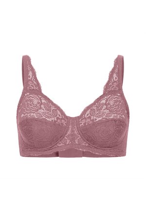 Spitzen-BH in staubigem Rosa, mit floralen Mustern und breiten Trägern. Glatte Schalen mit einem zentralen Band und Hakenverschluss hinten.