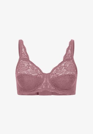 Lace bra in dusty rose, featuring floral patterns and wide straps. Smooth cups with a central band and hook closure at the back.