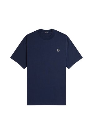 Camiseta de algodón azul marino con mangas cortas, escote redondo y un pequeño logo blanco en el lado izquierdo del pecho. Diseño simple y sólido.