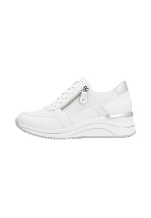 White sneaker with a textured mesh upper, lace-up front, and side zip. Features a cushioned sole with a slight wedge and metallic accents.