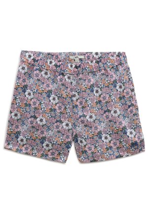 Korte broek met bloemenpatroon in roze, wit, oranje en blauw, met elastische tailleband en zijzakken.
