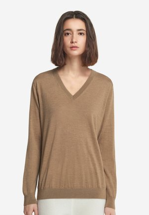 Maglione a V, maniche lunghe di colore marrone chiaro, in morbido materiale lavorato a maglia con polsini e orlo a costine. Design semplice, senza motivi o accentuazioni visibili.