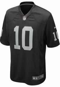 Nike NFL -paita mustana, jossa on numero 10 voimakkaalla harmaalla. V-purkauksella varustettu malli, jossa on verkkoelementtejä ja NFL-logotunnus alahelmassa.