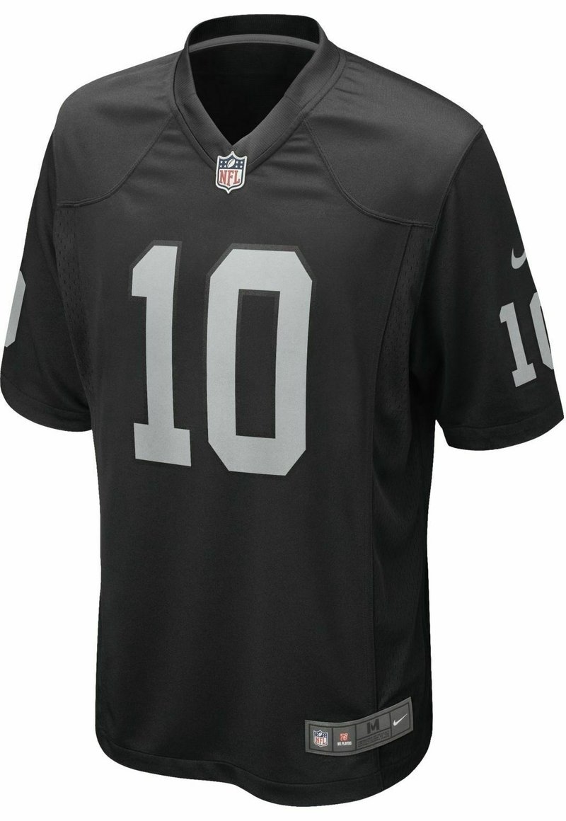 Nike NFL -paita mustana, jossa on numero 10 voimakkaalla harmaalla. V-purkauksella varustettu malli, jossa on verkkoelementtejä ja NFL-logotunnus alahelmassa.