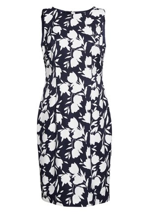 Vestido sin mangas hasta la rodilla con fondo azul marino y estampado floral blanco, cintura ajustada, escote redondo.