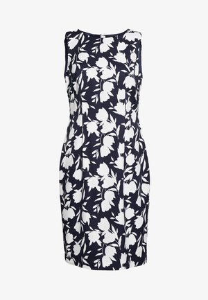 Vestido sin mangas hasta la rodilla con fondo azul marino y estampado floral blanco, cintura ajustada, escote redondo.