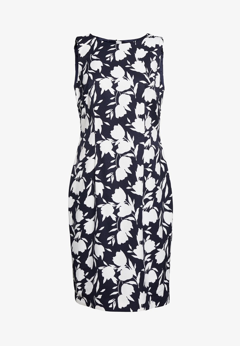Robe sans manches longueur genou avec fond bleu marine et motif floral blanc, taille cintrée, col rond.
