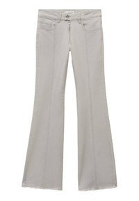 Ljusgrå utsvängda jeans i denim, med dragkedja, fem fickor och subtila sömmar framtill samt en fransad fåll.