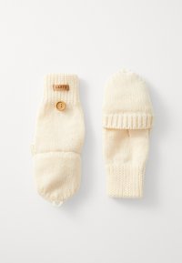 Cremfarbene gestrickte Handschuhe mit umklappbarem Oberteil, strukturiertem Stoff, Logo-Tag und einem dekorativen Knopfakzent. Gemütliches und funktionales Design.