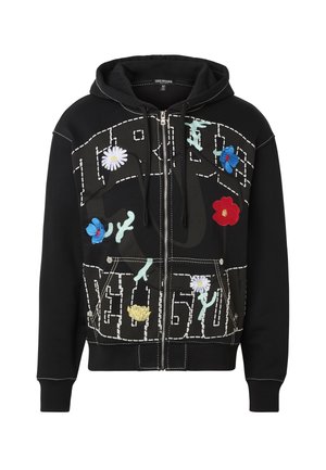 Felpa nera con zip frontale, scritte bianche ricamate e fiori colorati ricamati su davanti e tasche, cappuccio con coulisse e polsini a costine.