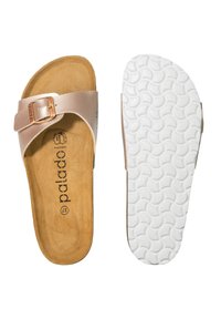 Infradito con cinturino sintetico beige e fibbia metallica regolabile. Soletta in suede marrone e suola in gomma bianca texturizzata.