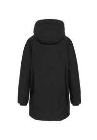 Zwarte verwarmde winterjas met een grote capuchon, lange mouwen en een lengte tot halverwege de dij, getoond van achteren tegen een witte achtergrond.