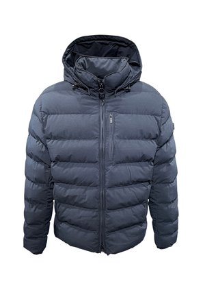 Schwarze Steppjacke mit gestepptem Design, Kapuze, Frontreißverschluss und Seitentaschen. Verfügt über eine Reißverschlusstasche auf der Brust und elastische Bündchen.