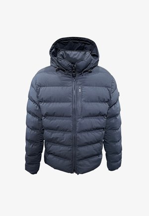 Schwarze Steppjacke mit gestepptem Design, Kapuze, Frontreißverschluss und Seitentaschen. Verfügt über eine Reißverschlusstasche auf der Brust und elastische Bündchen.
