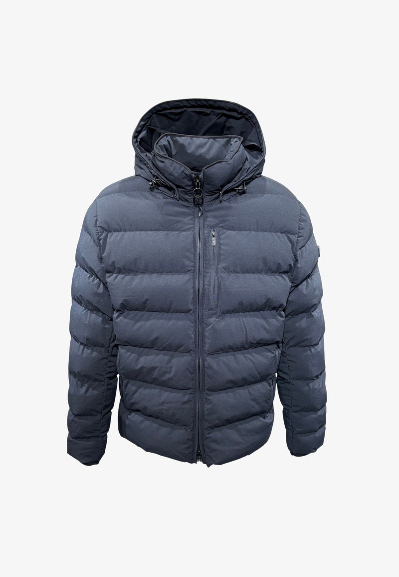 Schwarze Steppjacke mit gestepptem Design, Kapuze, Frontreißverschluss und Seitentaschen. Verfügt über eine Reißverschlusstasche auf der Brust und elastische Bündchen.