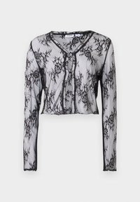 Gjennomsiktig svart blonder langermet topp med blomster mønstre, kort design, V-hals og knappelukking foran. Myk tekstur.
