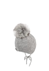 Gray knit baby hat with chin ties and large fluffy pom-pom on top, designed for cold weather.