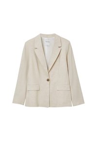 Beige single-button blazer with notch lapels, two front flap pockets, long sleeves, and a tailored fit.