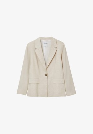 Blazer beige con un solo bottone, colletto a revers, due tasche a linguetta frontali, maniche lunghe e una vestibilità su misura.