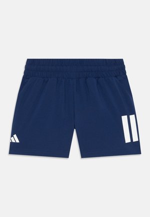 Marineblaue Sportshorts mit einem elastischen Bund, die weiße Streifenakzente an den Seiten und ein kleines Logo am Saum aufweisen. Leichtes Material.