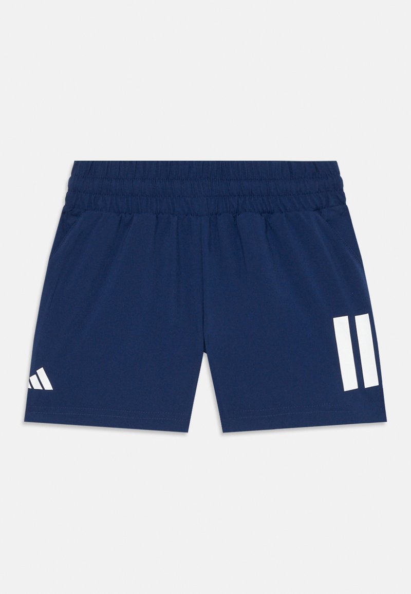 Marineblaue Sportshorts mit einem elastischen Bund, die weiße Streifenakzente an den Seiten und ein kleines Logo am Saum aufweisen. Leichtes Material.