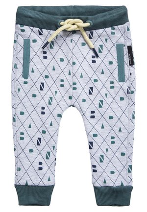 Grå mønstrede joggebukser med diamantformer i blå og grønne nuancer. Har en ribbet talje, snøre og sidelommer. Blød tekstur.