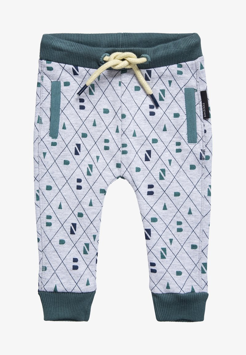 Joggers gris à motifs avec des formes en diamant dans des tons bleus et verts. Dispose d'une taille côtelée, d'un cordon de serrage et de poches latérales. Texture douce.