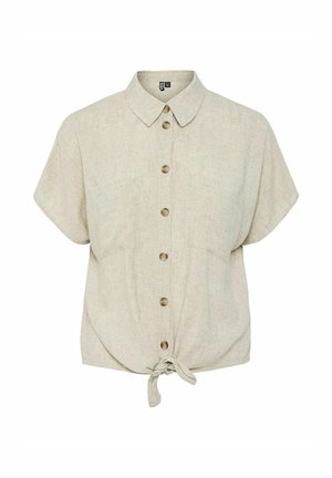 Světle béžová košile s krátkým rukávem a knoflíky, vyrobená z texturované tkaniny, s uvázaným předním dílem, zaobleným lemem a hnědými knoflíky.